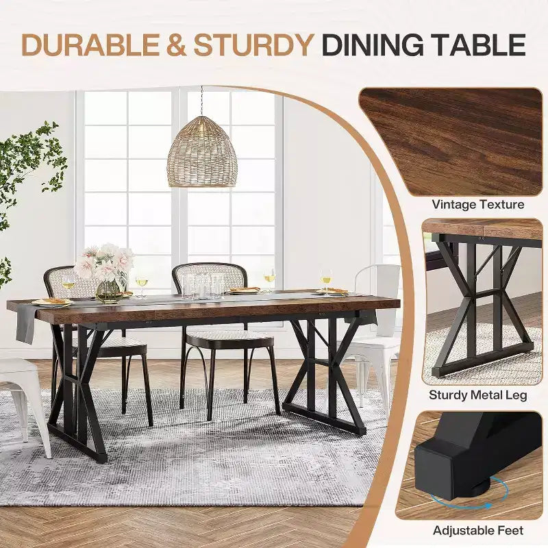 Lantine 70.8-inch Farmhouse Dining Table for 6 People, Rectangular Wood Kitchen Table with Heavy Duty Metal Legs for Dining Room