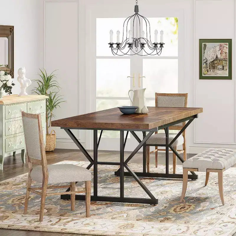Lantine 70.8-inch Farmhouse Dining Table for 6 People, Rectangular Wood Kitchen Table with Heavy Duty Metal Legs for Dining Room