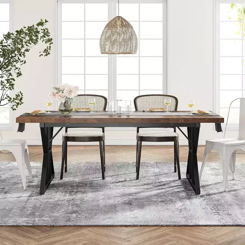 Lantine 70.8-inch Farmhouse Dining Table for 6 People, Rectangular Wood Kitchen Table with Heavy Duty Metal Legs for Dining Room