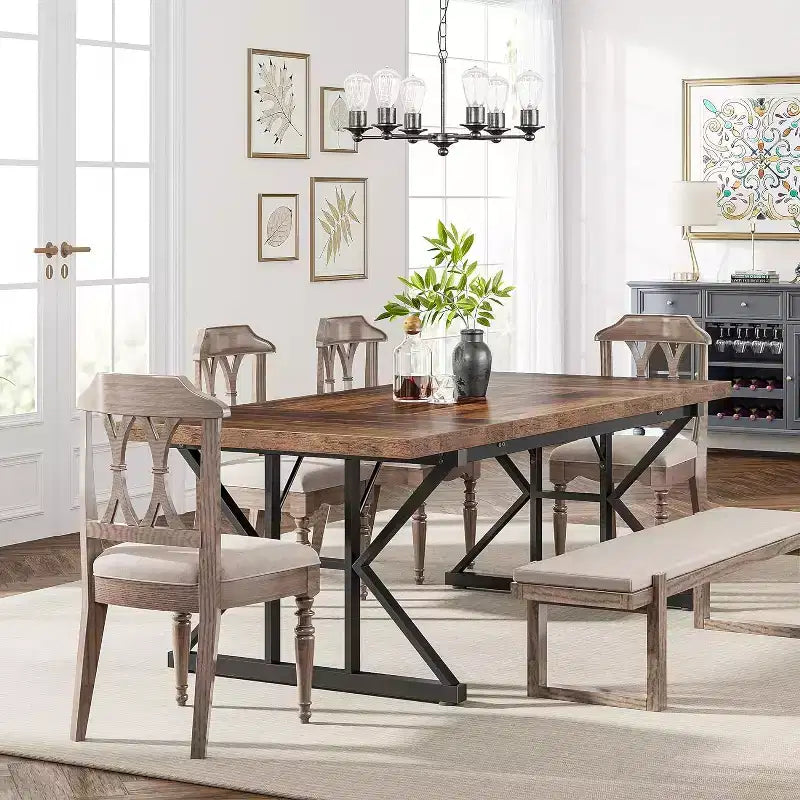 Lantine 70.8-inch Farmhouse Dining Table for 6 People, Rectangular Wood Kitchen Table with Heavy Duty Metal Legs for Dining Room