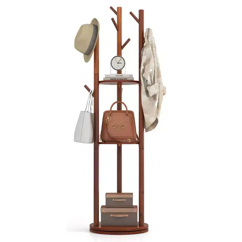Costway Freestanding Wooden Coat Tree 360 Rotary Coat Rack with 3 Display Storage Shelves
