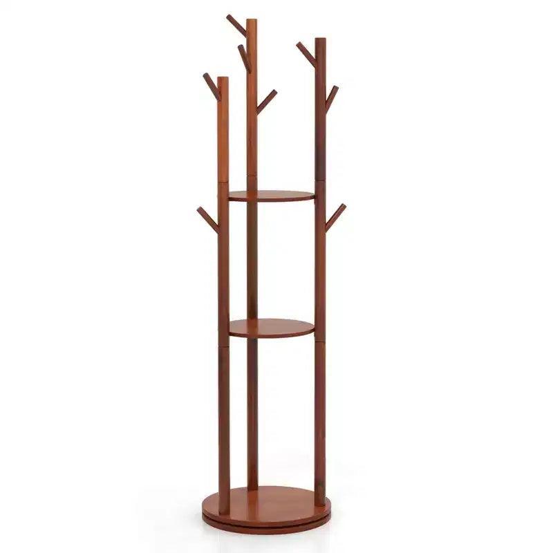 Porte-manteau sur pied en bois Costway avec patères rotatives à 360° et 3 étagères de rangement