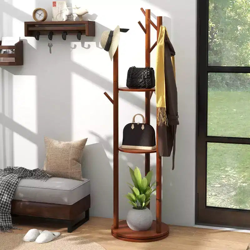 Porte-manteau sur pied en bois Costway avec patères rotatives à 360° et 3 étagères de rangement