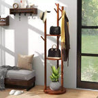 Porte-manteau sur pied en bois Costway avec patères rotatives à 360° et 3 étagères de rangement