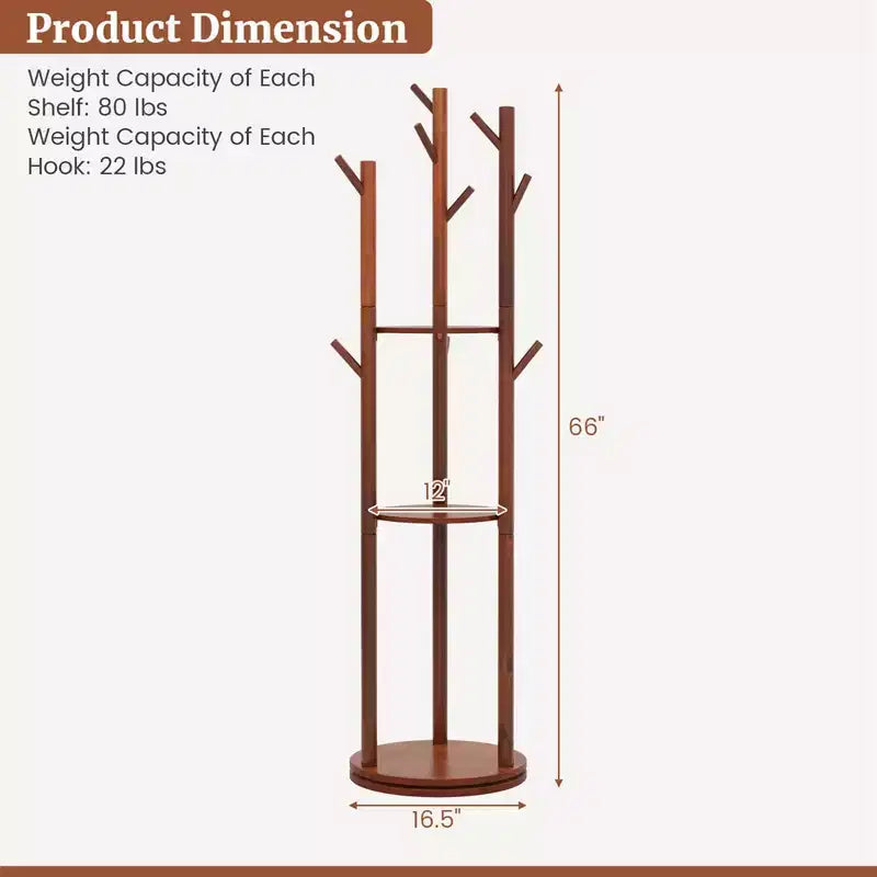 Porte-manteau sur pied en bois Costway avec patères rotatives à 360° et 3 étagères de rangement