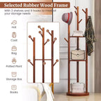 Porte-manteau sur pied en bois Costway avec patères rotatives à 360° et 3 étagères de rangement