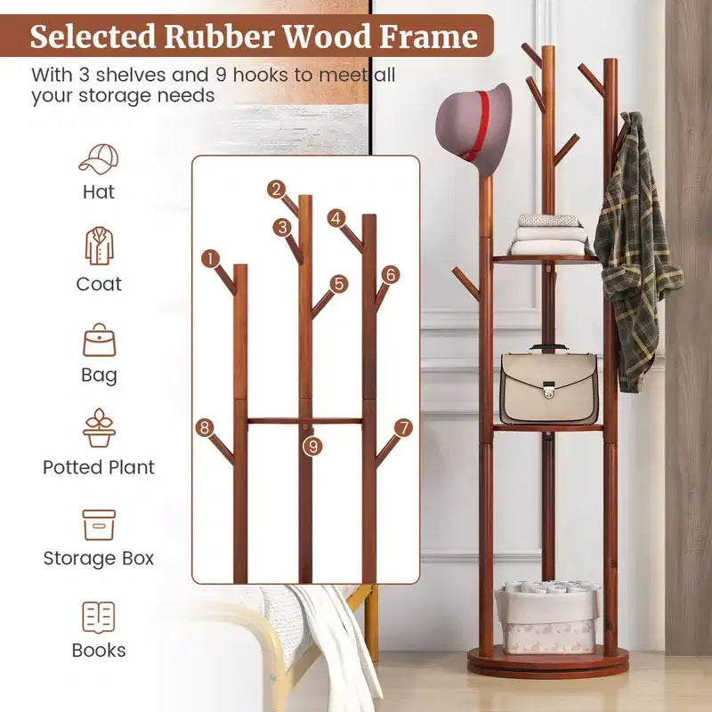 Porte-manteau sur pied en bois Costway avec patères rotatives à 360° et 3 étagères de rangement