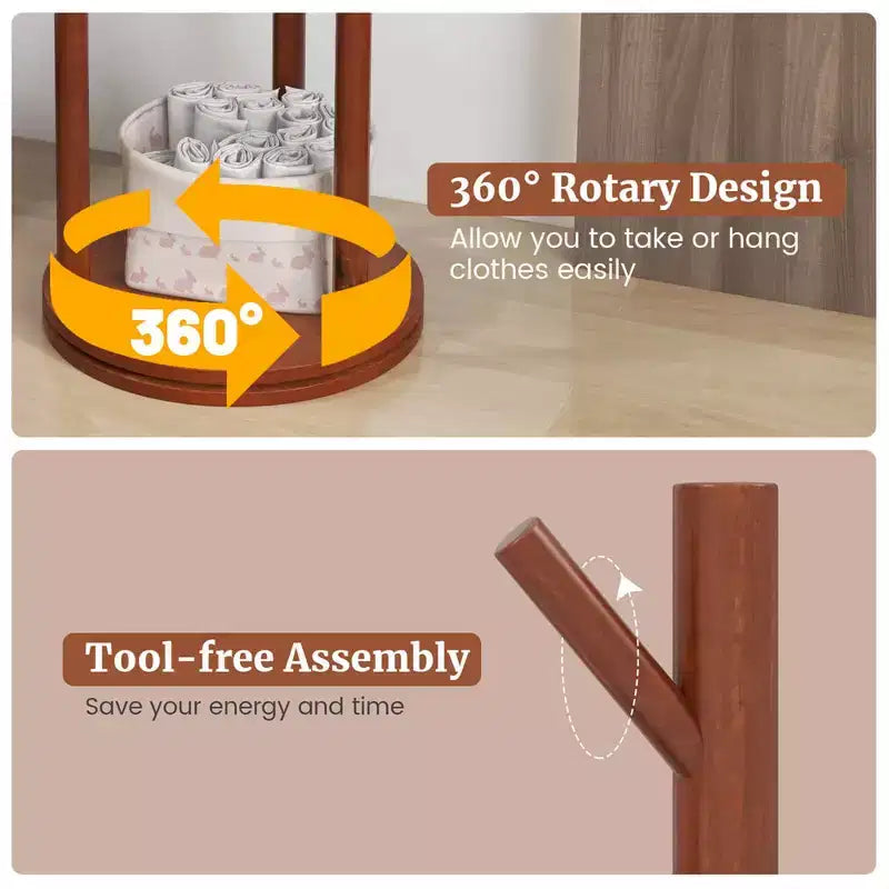 Porte-manteau sur pied en bois Costway avec patères rotatives à 360° et 3 étagères de rangement