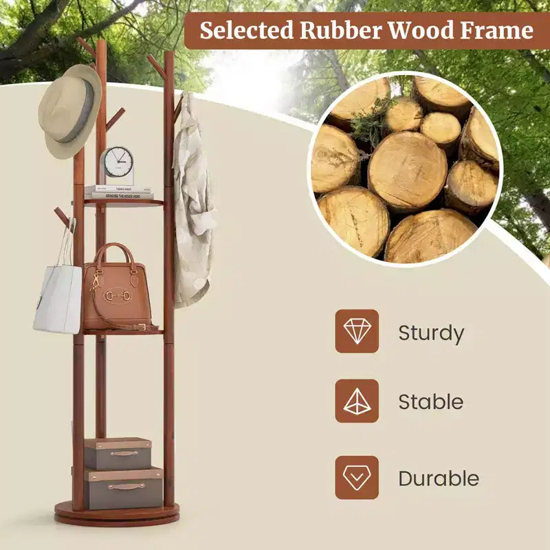 Porte-manteau sur pied en bois Costway avec patères rotatives à 360° et 3 étagères de rangement