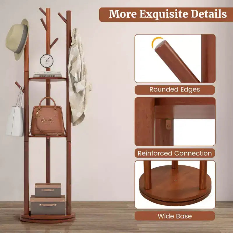 Porte-manteau sur pied en bois Costway avec patères rotatives à 360° et 3 étagères de rangement