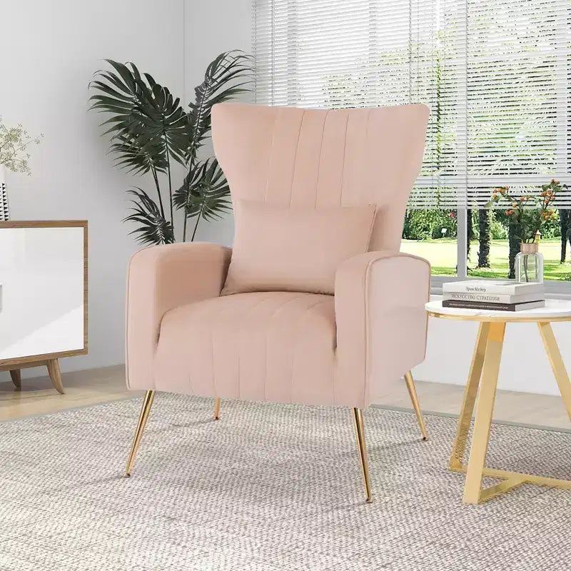 Fauteuil Costway en velours à oreilles avec oreiller lombaire et pieds en métal doré Gris/Rose/Turquoise/Blanc