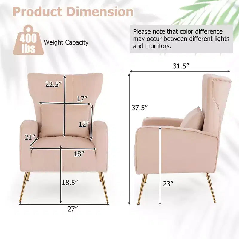 Fauteuil Costway en velours à oreilles avec oreiller lombaire et pieds en métal doré Gris/Rose/Turquoise/Blanc