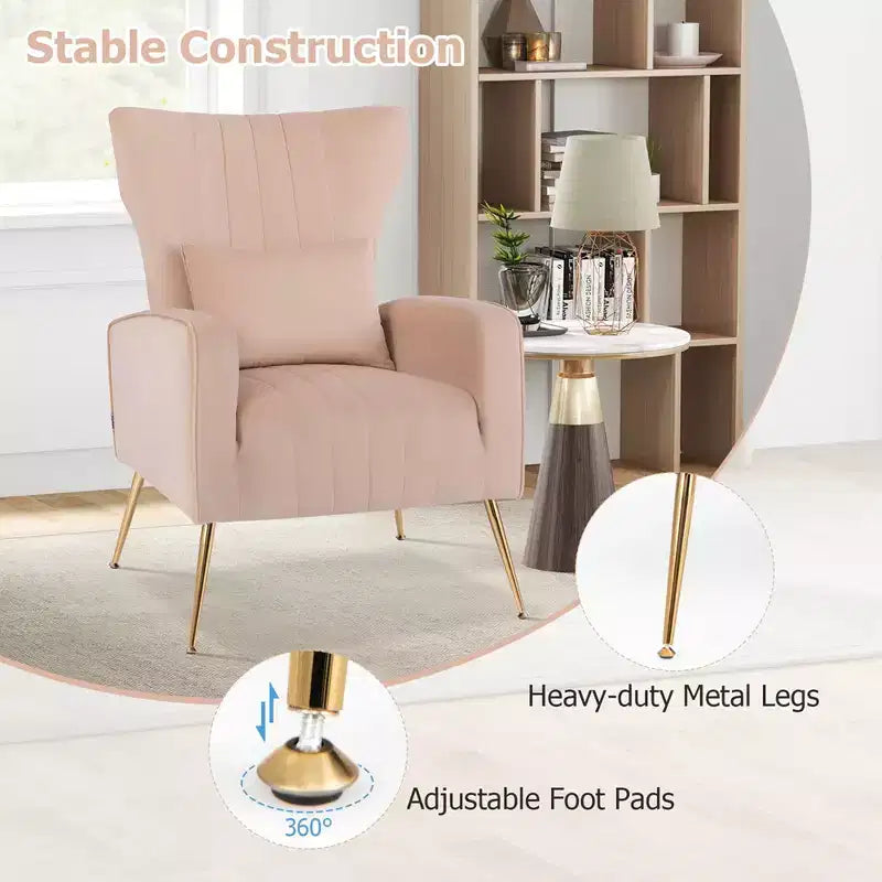 Fauteuil Costway en velours à oreilles avec oreiller lombaire et pieds en métal doré Gris/Rose/Turquoise/Blanc
