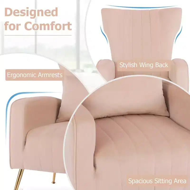 Fauteuil Costway en velours à oreilles avec oreiller lombaire et pieds en métal doré Gris/Rose/Turquoise/Blanc