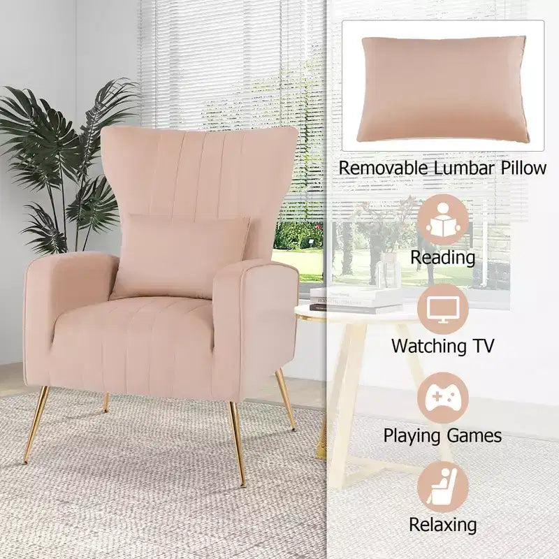 Fauteuil Costway en velours à oreilles avec oreiller lombaire et pieds en métal doré Gris/Rose/Turquoise/Blanc