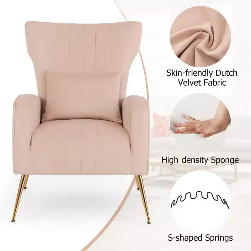 Fauteuil Costway en velours à oreilles avec oreiller lombaire et pieds en métal doré Gris/Rose/Turquoise/Blanc