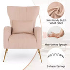 Fauteuil Costway en velours à oreilles avec oreiller lombaire et pieds en métal doré Gris/Rose/Turquoise/Blanc
