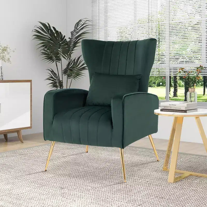 Fauteuil Costway en velours à oreilles avec oreiller lombaire et pieds en métal doré Gris/Rose/Turquoise/Blanc