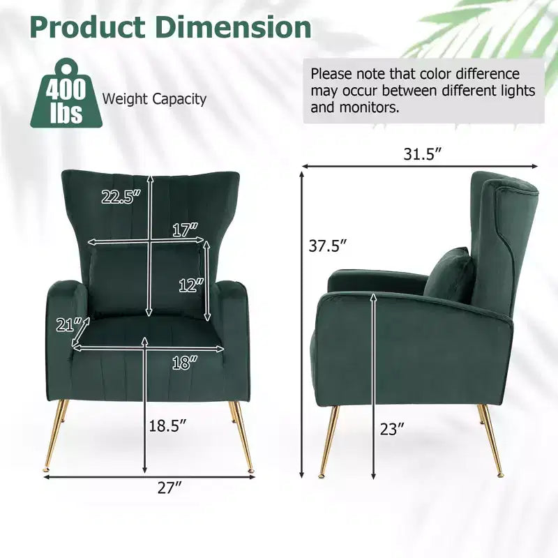 Fauteuil Costway en velours à oreilles avec oreiller lombaire et pieds en métal doré Gris/Rose/Turquoise/Blanc