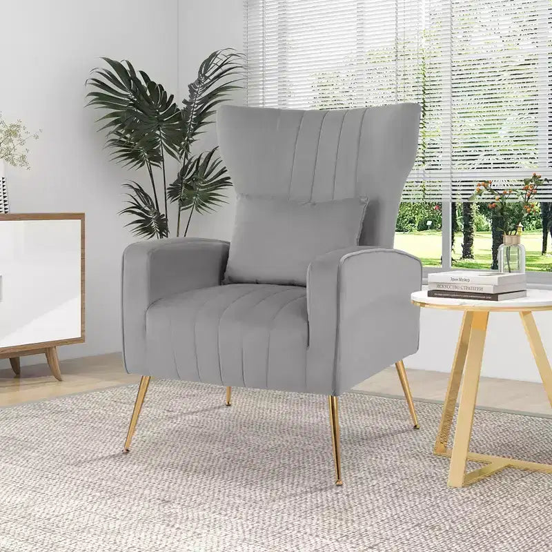 Fauteuil Costway en velours à oreilles avec oreiller lombaire et pieds en métal doré Gris/Rose/Turquoise/Blanc