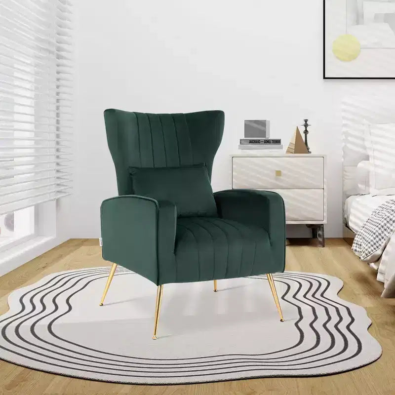 Fauteuil Costway en velours à oreilles avec oreiller lombaire et pieds en métal doré Gris/Rose/Turquoise/Blanc