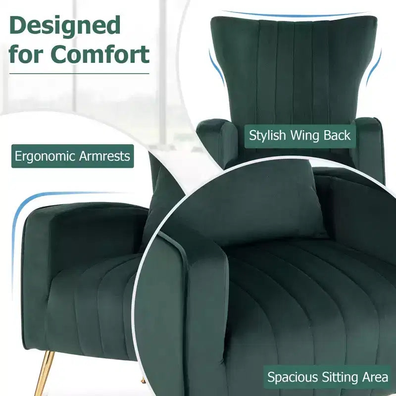 Fauteuil Costway en velours à oreilles avec oreiller lombaire et pieds en métal doré Gris/Rose/Turquoise/Blanc