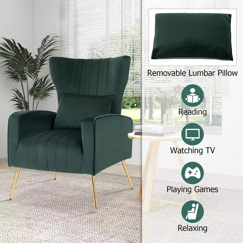 Fauteuil Costway en velours à oreilles avec oreiller lombaire et pieds en métal doré Gris/Rose/Turquoise/Blanc