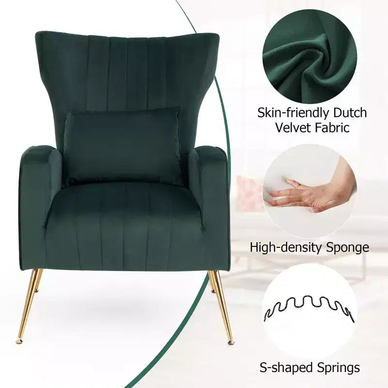 Fauteuil Costway en velours à oreilles avec oreiller lombaire et pieds en métal doré Gris/Rose/Turquoise/Blanc