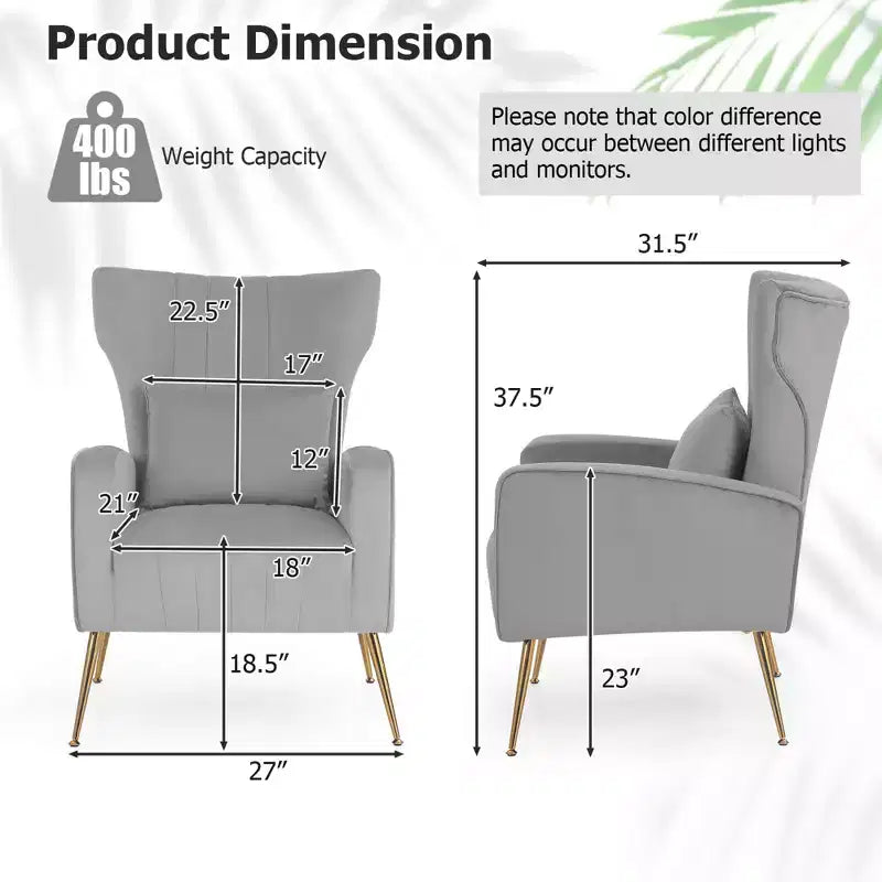 Fauteuil Costway en velours à oreilles avec oreiller lombaire et pieds en métal doré Gris/Rose/Turquoise/Blanc