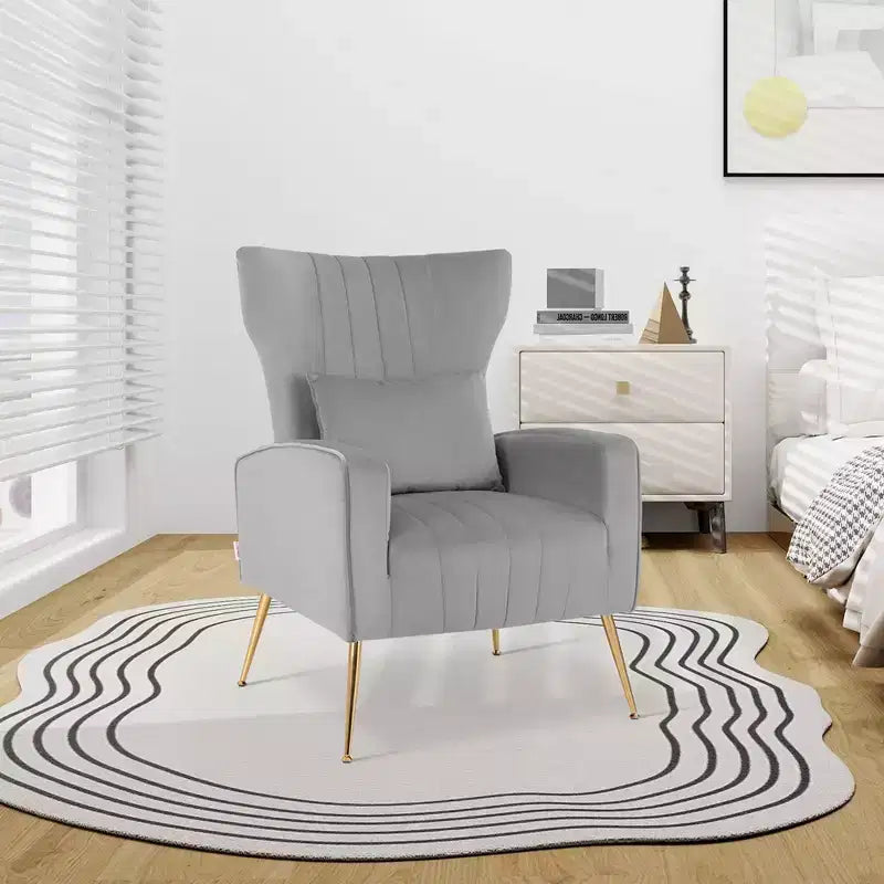 Fauteuil Costway en velours à oreilles avec oreiller lombaire et pieds en métal doré Gris/Rose/Turquoise/Blanc