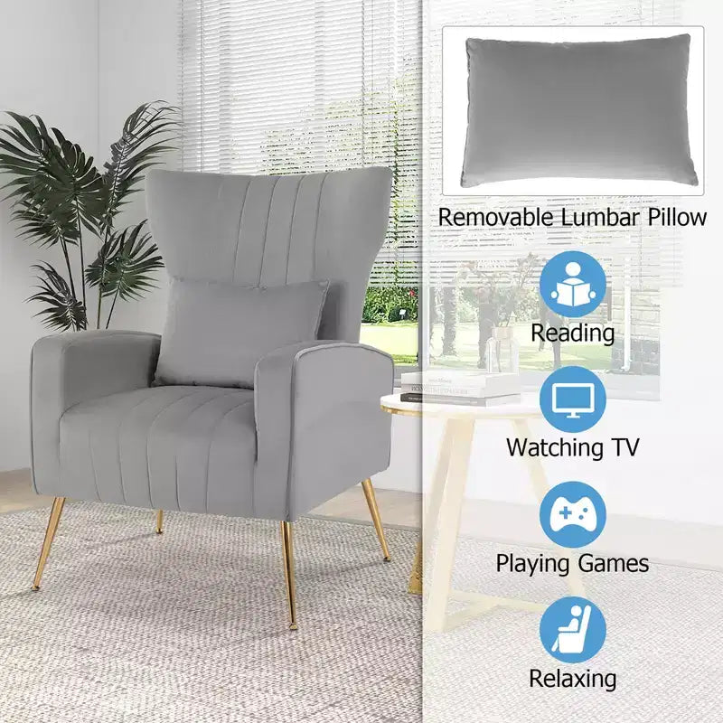 Fauteuil Costway en velours à oreilles avec oreiller lombaire et pieds en métal doré Gris/Rose/Turquoise/Blanc