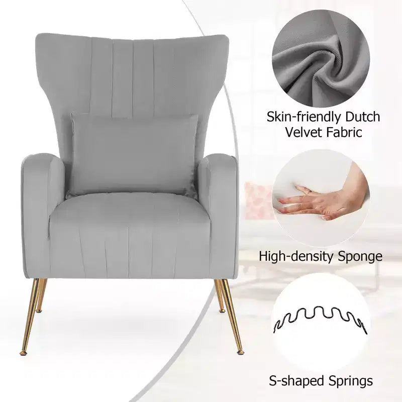 Fauteuil Costway en velours à oreilles avec oreiller lombaire et pieds en métal doré Gris/Rose/Turquoise/Blanc