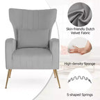 Fauteuil Costway en velours à oreilles avec oreiller lombaire et pieds en métal doré Gris/Rose/Turquoise/Blanc