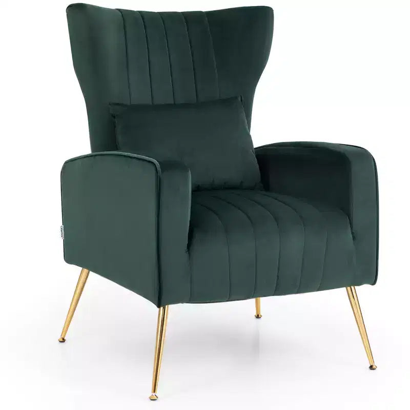 Fauteuil Costway en velours à oreilles avec oreiller lombaire et pieds en métal doré Gris/Rose/Turquoise/Blanc