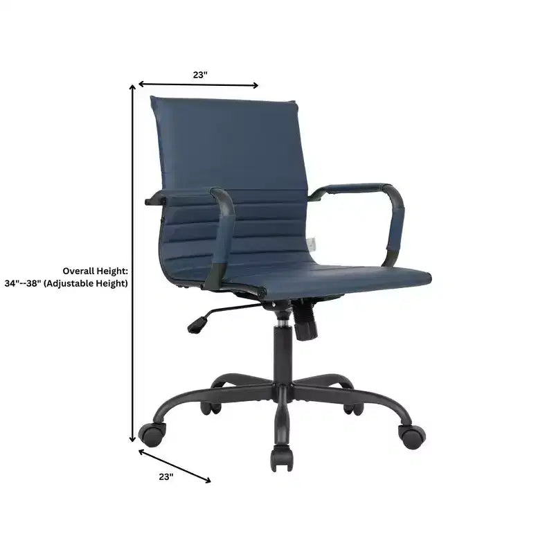 Chaise de bureau LeisureMod Harris noire en similicuir nervuré - Base pivotante en fer noir mat - Siège de conférence et de bureau moderne