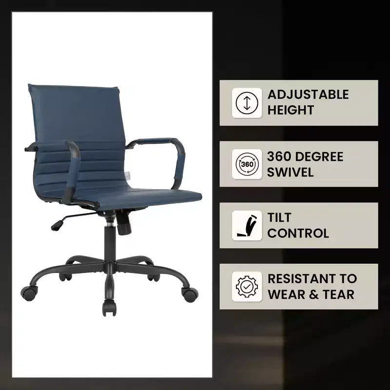 Chaise de bureau LeisureMod Harris noire en similicuir nervuré - Base pivotante en fer noir mat - Siège de conférence et de bureau moderne