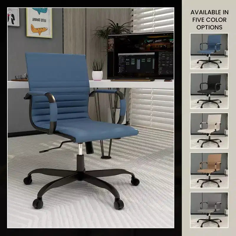 Chaise de bureau LeisureMod Harris noire en similicuir nervuré - Base pivotante en fer noir mat - Siège de conférence et de bureau moderne