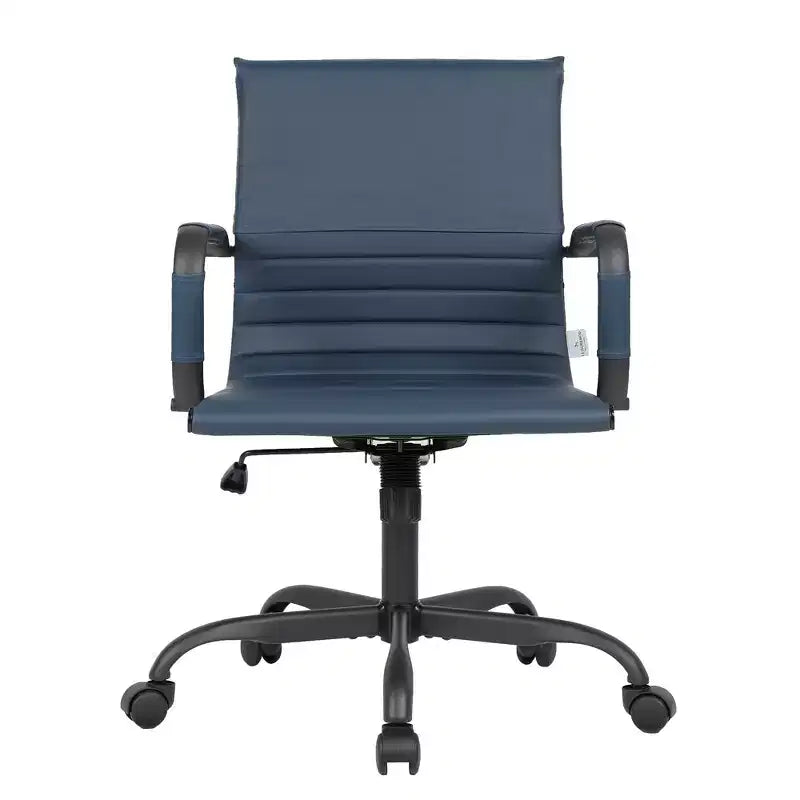 Chaise de bureau LeisureMod Harris noire en similicuir nervuré - Base pivotante en fer noir mat - Siège de conférence et de bureau moderne