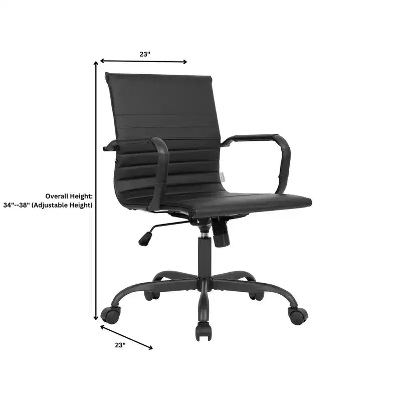Chaise de bureau LeisureMod Harris noire en similicuir nervuré - Base pivotante en fer noir mat - Siège de conférence et de bureau moderne