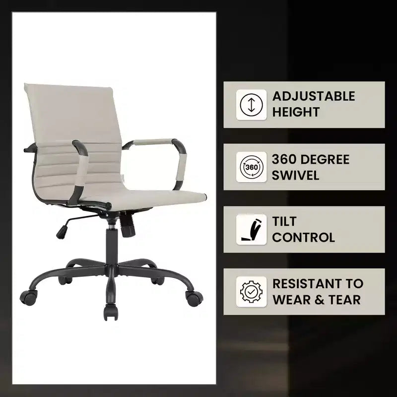 Chaise de bureau LeisureMod Harris noire en similicuir nervuré - Base pivotante en fer noir mat - Siège de conférence et de bureau moderne