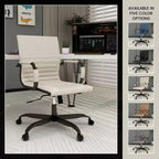 Chaise de bureau LeisureMod Harris noire en similicuir nervuré - Base pivotante en fer noir mat - Siège de conférence et de bureau moderne