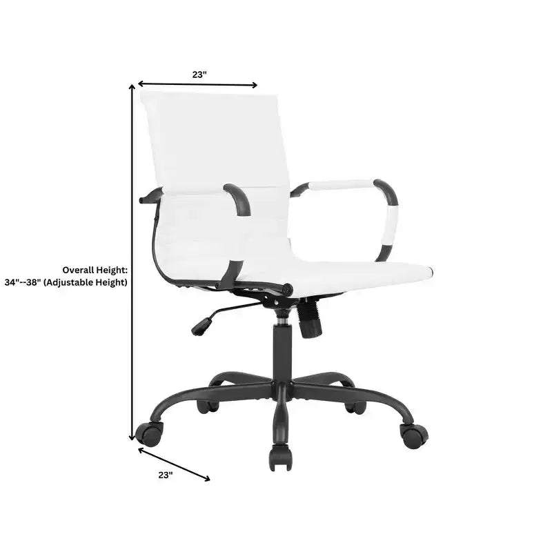 Chaise de bureau LeisureMod Harris noire en similicuir nervuré - Base pivotante en fer noir mat - Siège de conférence et de bureau moderne