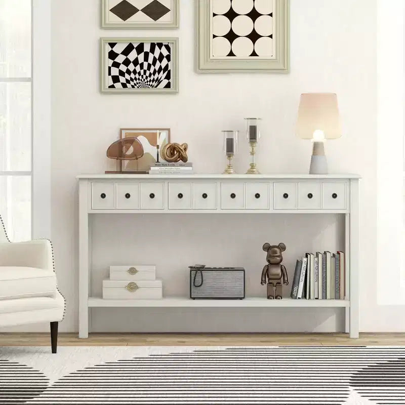 Costway 60 Table console rétro avec 4 tiroirs et étagère ouverte pour entrée ou canapé, couloir, Blanc/Noir