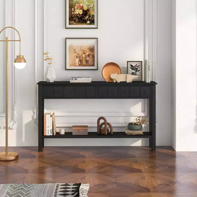 Costway 60 Table console rétro avec 4 tiroirs et étagère ouverte pour entrée ou canapé, couloir, Blanc/Noir