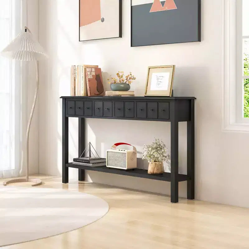 Costway 60 Table console rétro avec 4 tiroirs et étagère ouverte pour entrée ou canapé, couloir, Blanc/Noir