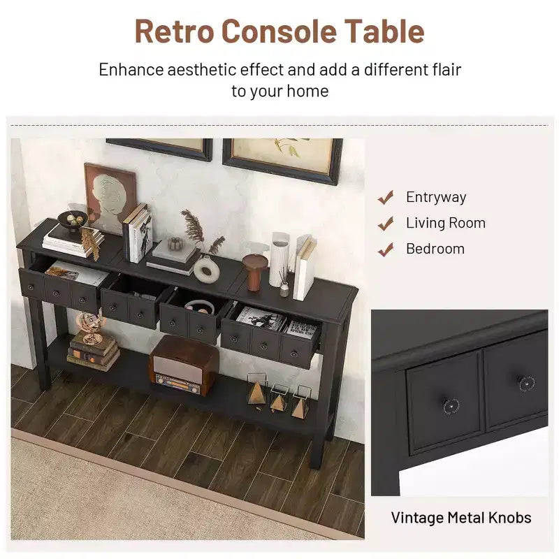 Costway 60 Table console rétro avec 4 tiroirs et étagère ouverte pour entrée ou canapé, couloir, Blanc/Noir