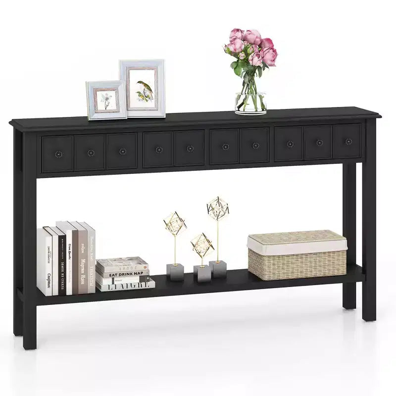 Costway 60 Console Table Retro Entryway Sofa Table with 4 Drawers & Open Shelf Hallway White/Black