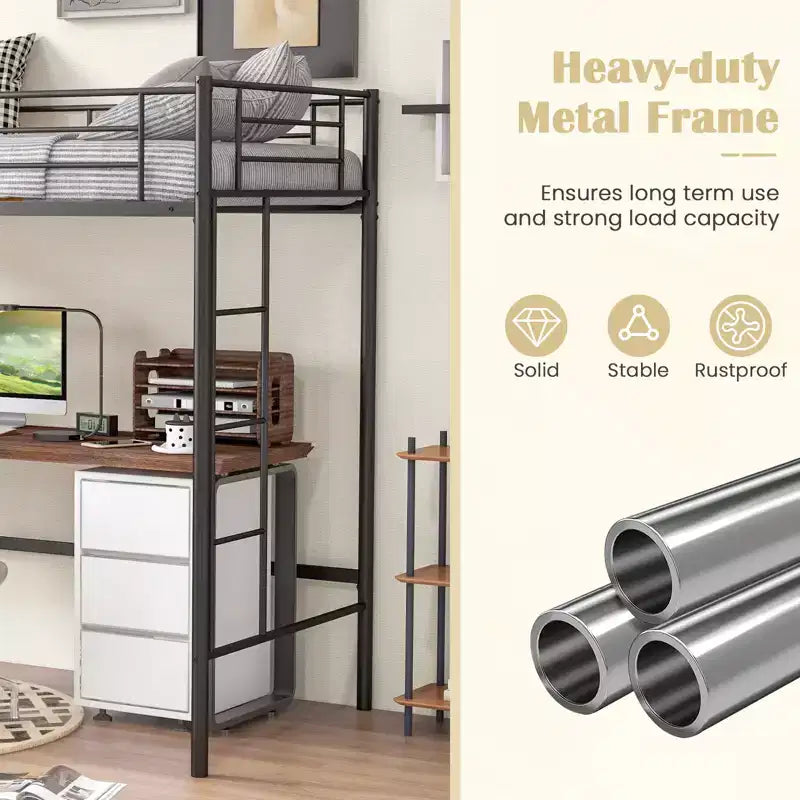 Costway Twin Size Loft Bed Heavy Duty Metal Loft Bed Frame with Safety Guardrail Silver/White/Black