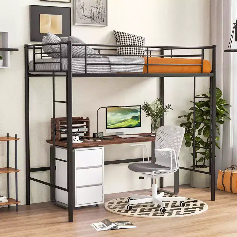 Costway Twin Size Loft Bed Heavy Duty Metal Loft Bed Frame with Safety Guardrail Silver/White/Black