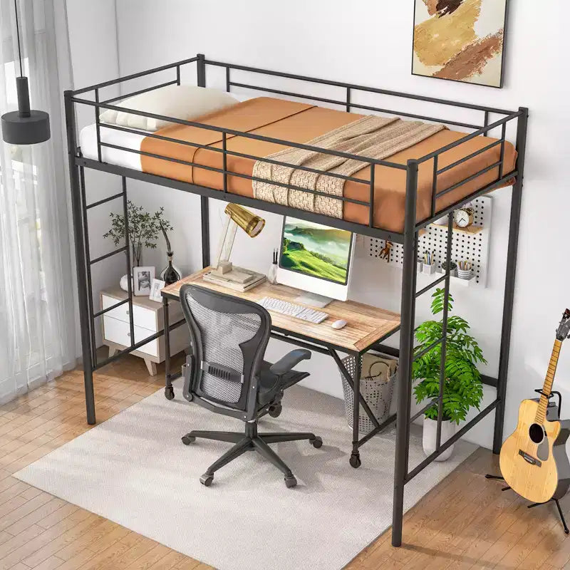 Costway Twin Size Loft Bed Heavy Duty Metal Loft Bed Frame with Safety Guardrail Silver/White/Black